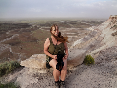 Karen Duquette caught in the wind on Blue Mesa Overlook